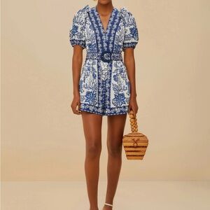 FARM Rio Blue and White Floral Shell Garden Organic Cotton Romper. NWT. Size S